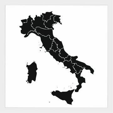Detailed Black Silhouette Map of Italy with White Regional Borders.