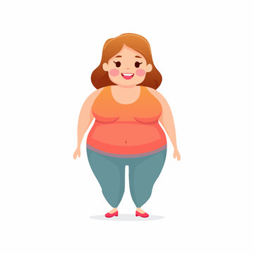 Smiling cartoon plus-size woman with white hair wearing coral top and blue pants standing cheerfully.