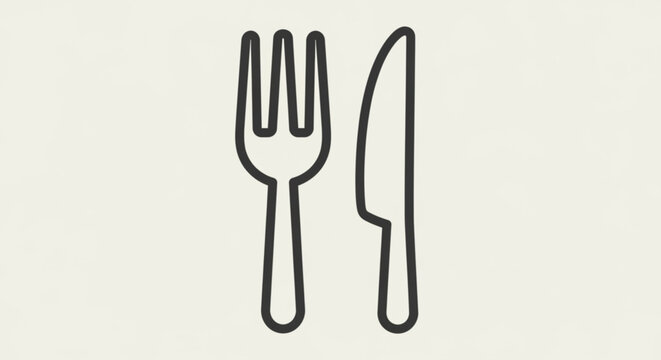 Simple line art icon of a fork and knife, symbolizing dining, food, and restaurant concepts, ideal for menus and web design
