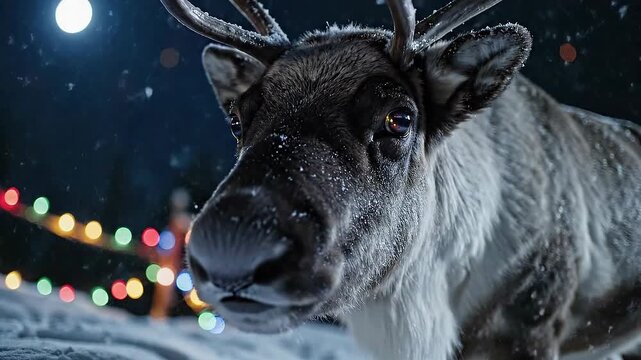A magical Christmas reindeer with a snow-dusted snoot gazes into the camera on a cold winter night with colorful bokeh lights