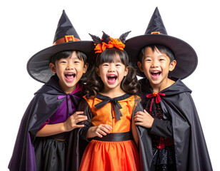 Obraz premium Happy Children Dressed in Halloween Witch Costumes, Laughing Together, isolated on a transparent background