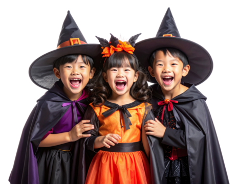 Happy Children Dressed in Halloween Witch Costumes, Laughing Together, isolated on a transparent background - Powered by Adobe