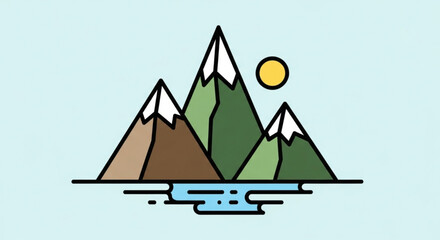 Minimalist vector illustration of a serene mountain landscape with snowcapped peaks, a calm river, and a bright sun