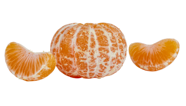 Vibrant peeled tangerine, showcasing juicy segments and textured surface detail, with two segments, isolated on white cutout