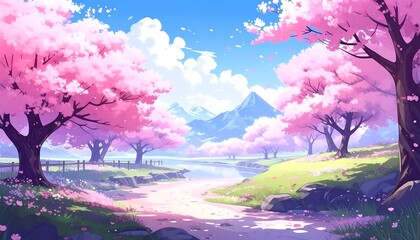 A scenic, vibrant anime landscape of cherry blossom trees