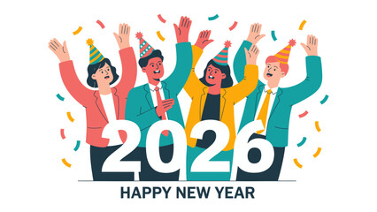 Celebrating 2026: A vibrant illustration depicts a joyful New Year celebration among friends, the year 2026 prominently displayed as confetti rains down on the party.