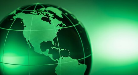 Green glass globe showing north and south america, illuminated with a vibrant green glow, symbolizing global communication, environmental awareness, and digital connectivity.
