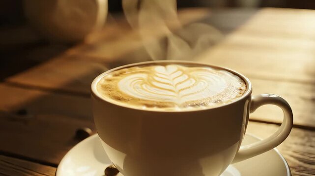 Cup of Hot Coffee Latte on a Wooden Table, Set in the Morning Time, Emphasizing Warmth and Routine.