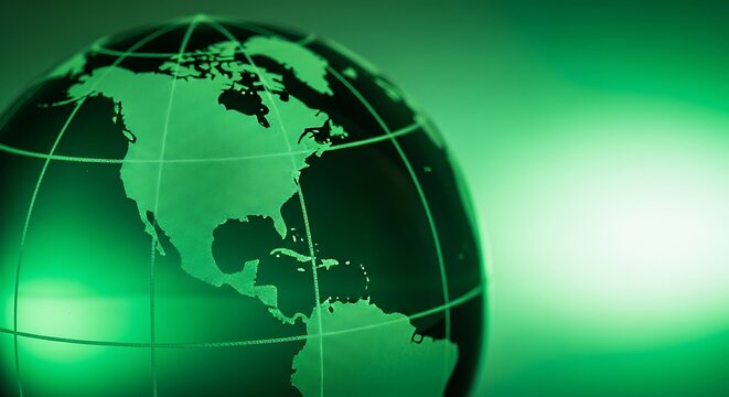 Green glass globe showing north and south america, illuminated with a vibrant green glow, symbolizing global communication, environmental awareness, and digital connectivity.