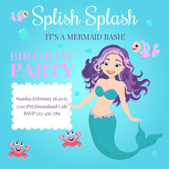 Children's birthday invitation card with a cute little mermaid and sea creatures. Friendly crabs and fish. Template. Vector illustration.
