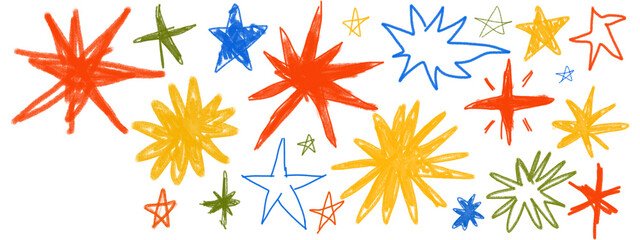  Crayon stars and moon vector set. Magical golden sky doodles with cosmic kids motif. Wax pencil or chalk texture elements. Grunge hand-drawn shapes collection on transparent background © dieno production