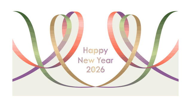 Happy New Year 2026: Elegant ribbons intertwine gracefully in a festive arrangement, forming symbolic heart shapes, evoking a sense of joy and anticipation for the upcoming year.