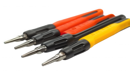 A close up of four screwdrivers with colorful handles on black on transparent background