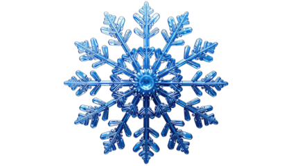 A detailed macro photograph of a bright blue snowflake against a stark black background.