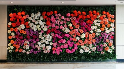 Vibrant floral wall display exhibiting colorful botanical ornamentation