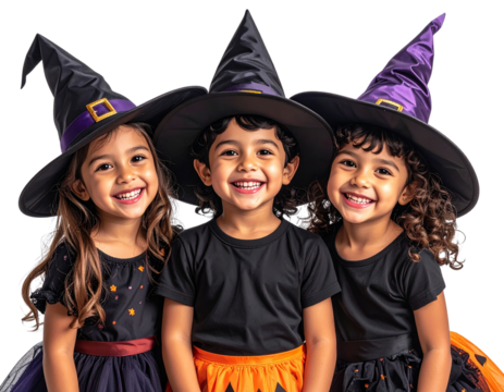  Trio of Kids in Magical Witch Hats Enjoying Halloween Fun, isolated on a transparent background