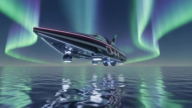 Futuristic Hovercraft Gliding Over Calm Ocean Under Vibrant Aurora Borealis Display