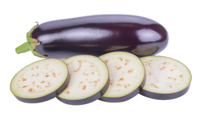 A whole eggplant and four eggplant slices with visible seeds, arranged in a row, isolated on a white background and transparent background