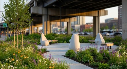 Modern urban park seating area with abstract sculpture and lush greenery under an overpass