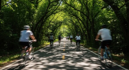Group of cyclist riding bicycle down a sunlit path covered by a dense green tree canopy tunnel