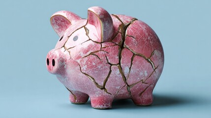Financial fragility: A broken piggy bank symbolizes the fragility of personal finance, financial loss, and financial crisis. conveying a message of financial ruin