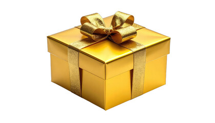 A shiny gold gift box with a ribbon and bow on a black background.
