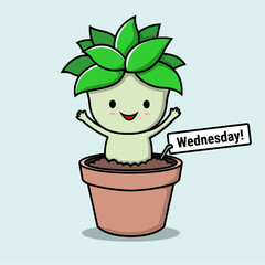 Whimsical plant with a face in a flowerpot, expressing wednesday. Ideal for social media posts, calendars, and greeting cards.