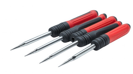 Close up of four awls with red and black handles on black background on transparent background