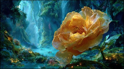 Golden Rose In A Magical Waterfall Forest