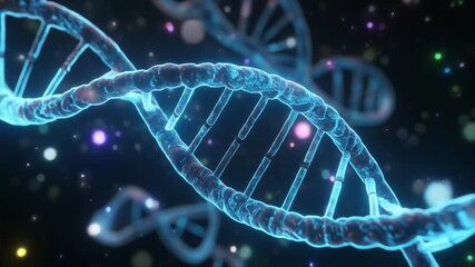 3D animation showing a rotating DNA double helix with particles floating in the background. Suitable for genetics, molecular biology, biotechnology, science research & medical education. - Powered by Adobe