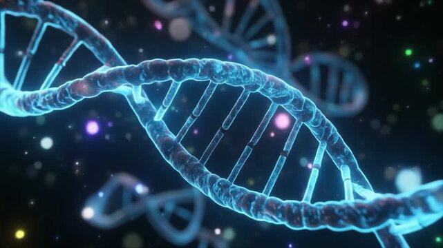 3D animation showing a rotating DNA double helix with particles floating in the background. Suitable for genetics, molecular biology, biotechnology, science research & medical education. - Powered by Adobe