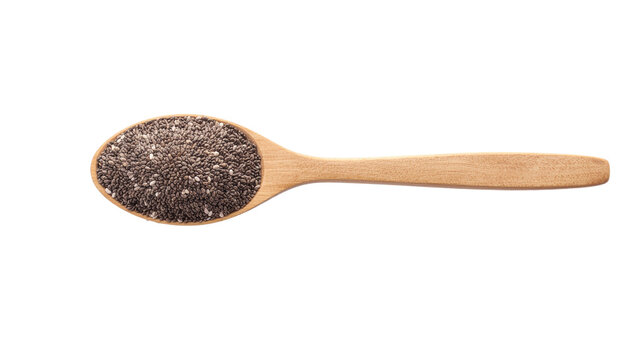A wooden spoon filled with small, dark chia seeds, featuring a light brown handle on a plain background. isolated on white