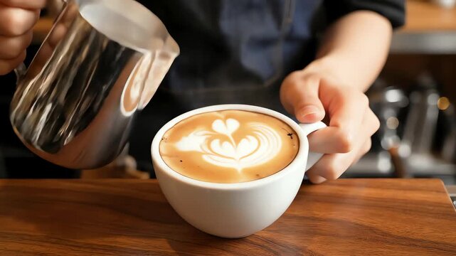Barista Making Latte by Pouring Milk into a White Cup, Captured in Ultra Slow Motion, Highlighting the Creation of Latte Art.