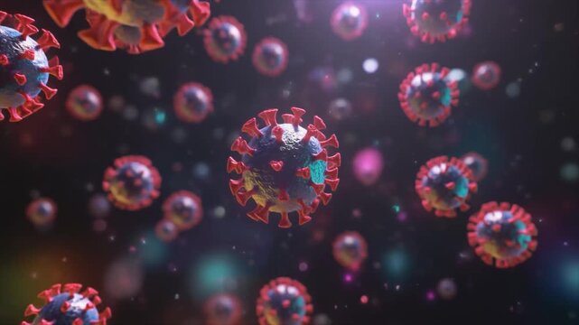 Microscopic 3D illustration of virus particles with protein spikes floating inside cellular environment.