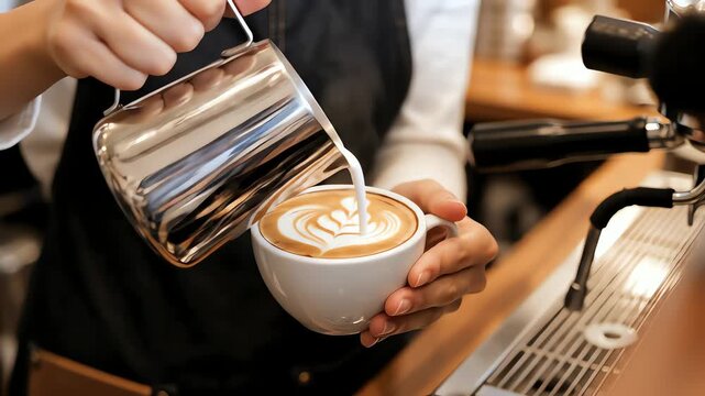 Barista Making Latte by Pouring Milk into a White Cup, Captured in Ultra Slow Motion, Highlighting the Creation of Latte Art.