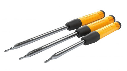 A close up of three screwdrivers with yellow handles on black background on transparent background