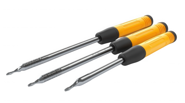 A close up of three screwdrivers with yellow handles on black background on transparent background