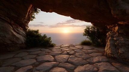 Stone path leading from a cave opening to a serene ocean sunset vista