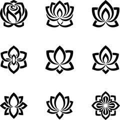 A collection of nine stylized black and white floral designs, featuring various symmetrical lotus and rose patterns, ideal for graphic resources and decorative elements.
