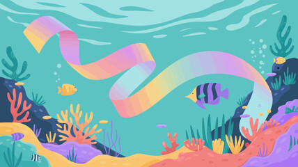Naklejka premium Vibrant rainbow ribbon flows through a colorful underwater coral reef scene with fish.