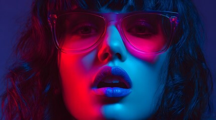 Obraz premium Close up portrait showcases striking neon lighting split across a woman wearing large frames