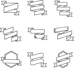 A collection of nine black and white outline illustrations of various ribbon and banner designs, suitable for text or decorative elements.