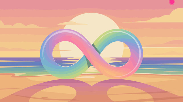 A vibrant rainbow infinity symbol floats above a peaceful beach at sunset, representing neurodiversity.