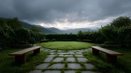 A tranquil green courtyard with stone paths and wooden benches offers a serene view of misty mountains under a dramatic overcast sky