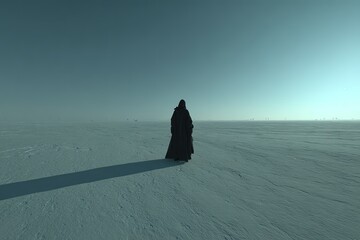 Pixelated Figure In Dark Cloak On Snowy Plains