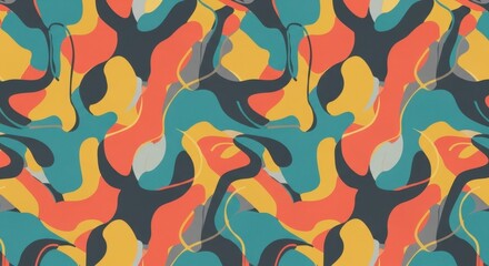 Vibrant Abstract Camouflage Pattern with Dynamic Fluid Shapes and