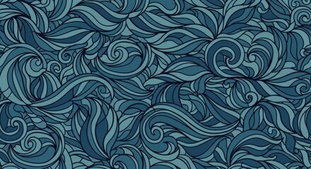 Intricate Blue Abstract Pattern Featuring Swirling Leaf and Wave