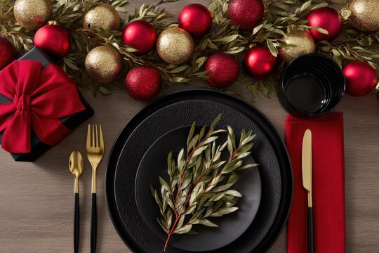 Elegant flat lay of a Christmas dinner table setting featuring black plates, gold cutlery, red napkins, and festive ornaments