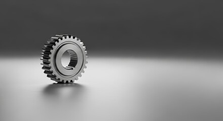 Metal gear on a reflective surface, representing connection and teamwork within a system or mechanism. Engineering and industrial concept.