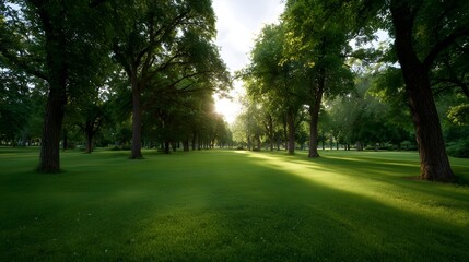 A sunlit park pathway bordered by lush trees and vibrant green grass in the morning